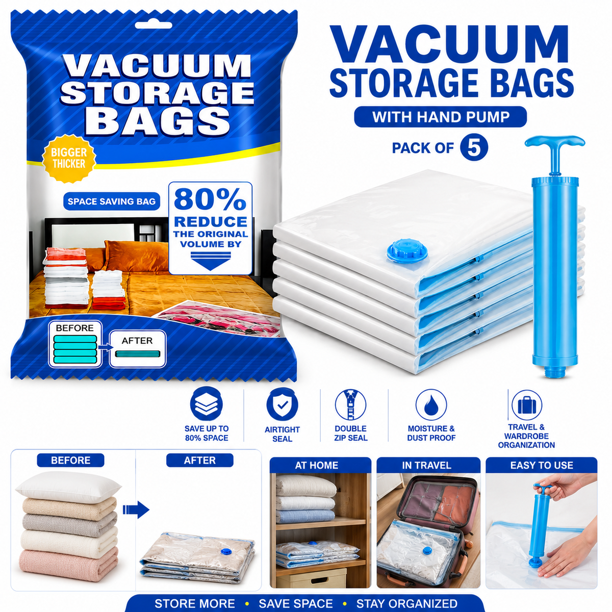 Vacuum Storage Bags with Hand Pump – Space Saving Compression Bags