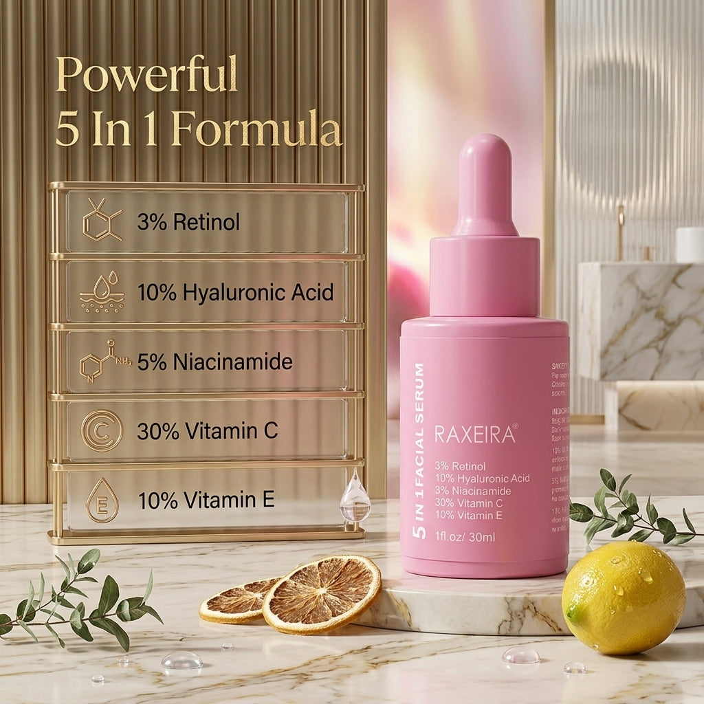 RAXEIRA 5 In 1 Facial Serum (30ml) – Powerful Anti-Ageing, Brightening & Hydrating Formula | Imported Skincare Serum