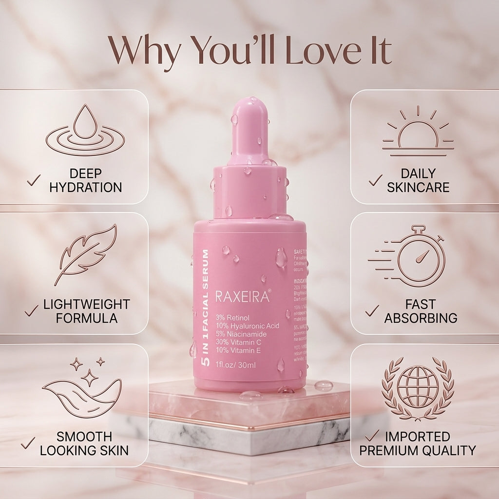 RAXEIRA 5 In 1 Facial Serum (30ml) – Powerful Anti-Ageing, Brightening & Hydrating Formula | Imported Skincare Serum