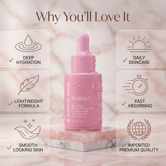 RAXEIRA 5 In 1 Facial Serum (30ml) – Powerful Anti-Ageing, Brightening & Hydrating Formula | Imported Skincare Serum