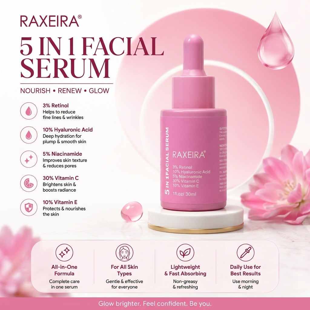 RAXEIRA 5 In 1 Facial Serum (30ml) – Powerful Anti-Ageing, Brightening & Hydrating Formula | Imported Skincare Serum